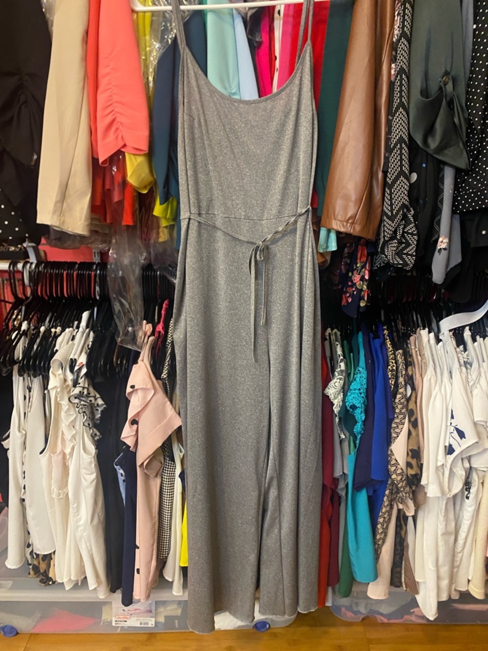 SHEIN Shimmer Gray Wide-Leg Jumpsuit with Tie Waist
